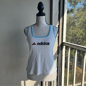 Y2K Vintage Adidas Women's White and Blue Cotton Activewear Tank Top